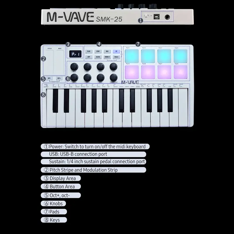25-Key MIDI Control Keyboard Mini Portable USB Keyboard MIDI Controller with 25 Velocity Sensitive K